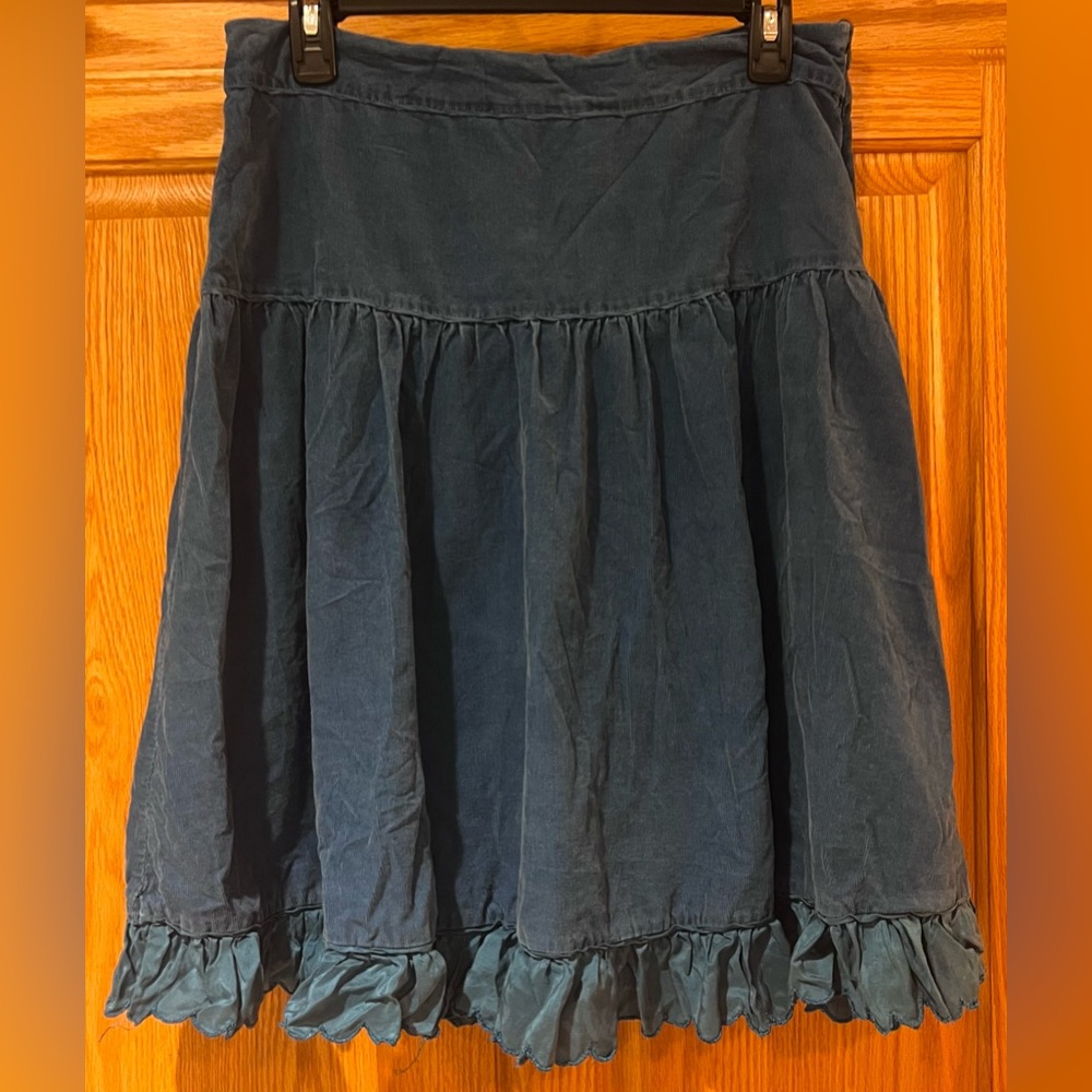 Anthropologie Edme & Esyllte Blue Corduroy Skirt w/ Scalloped Ruffle Hem Size 6